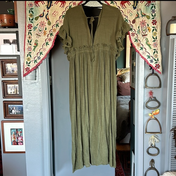 XL Bohemian long Olive gauze semi sheer maxi dress w pockets and ruffle sleeves - Picture 10 of 16